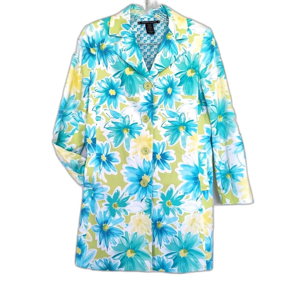 Pierre Cardin Long Coat Women's Size 8P Button Front Blue Green Daisy Flowers